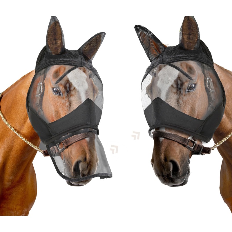 Horse Fly Mask with Ears Long Nose Full Face,Nose Net Cover Removable via Zipper Soft Mesh UV Protection (COB) COB