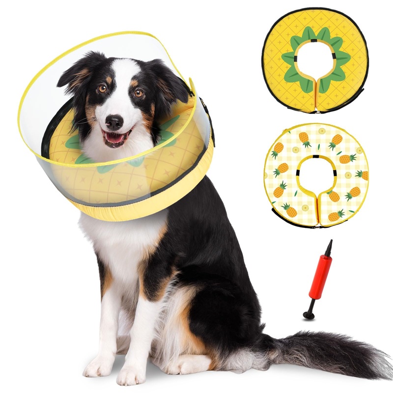 Inflatable Dog Cone,Adjustable Comfy Alternative to Dog Donut Collar after Surgery, Dog Cone Collar for Small Medium Large Dogs with Removable Cover,Dual-Sided Pattern,Waterproof Fabric(L) Yellow L