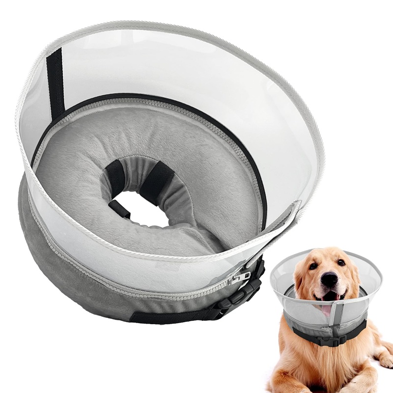 Inflatable Dog Cone Collar – Surgery Recovery Adjustable Soft Alternative Neck Donut with Shield for Small Medium Large Pet,L L Grey