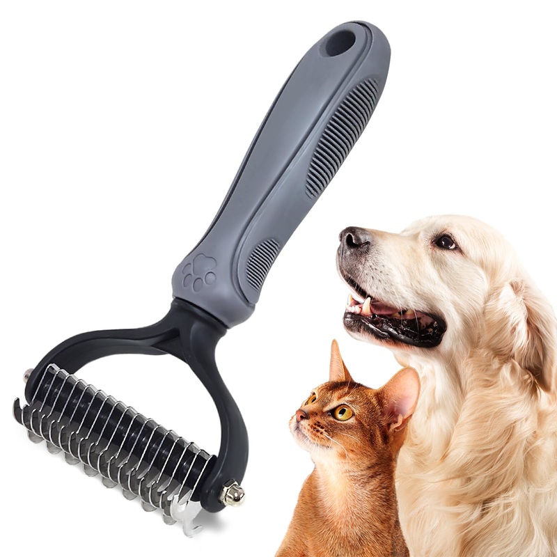 Pet nueway pets deshedding tool-2-in-1 Double-sided Bottom Undercoat Rake for Dogs and CatsPet Deshedding Tool Effectively Removes TanglesGrey