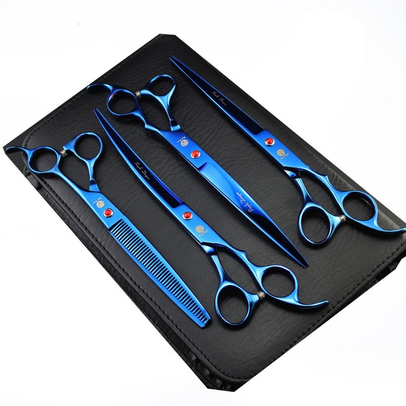 Purple Dragon 8.0 inch Professional Pet Grooming Scissors,Dog Straight Shear, Thinning/Blending Scissor & 2 PCS Curved Shear with Bag (Blue)