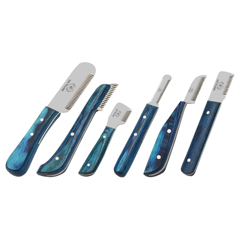 Stripping Knives Set of 6 in Stainless Steel, Wooden Handle, Non-Slip Tools for Grooming Dogs (Blue) Blue