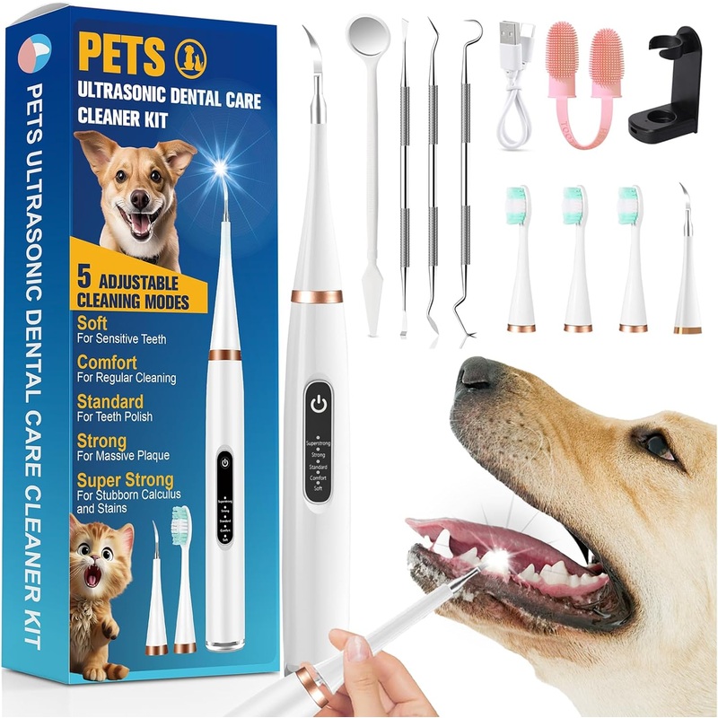 SUNSHNO Dog Plaque Remover for Teeth,Pet Tooth Brushing Kit,5 Modes Pet Ultrasonic Tooth Cleaner, Dental Tools to Remove Plaque and Tartar, Safe for Dog and Cat, White