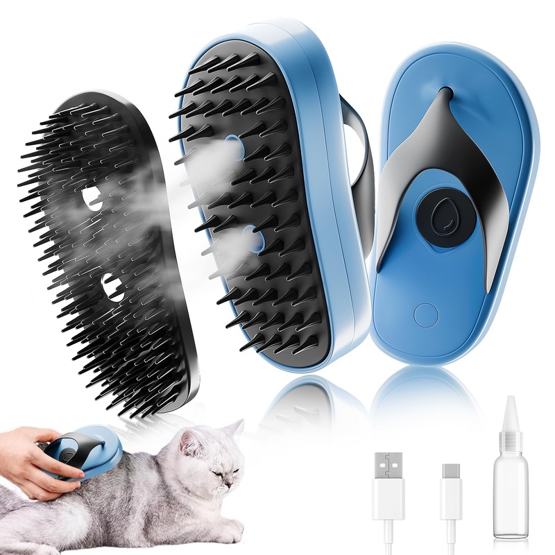 UPGRADEDCat Hair Steam Brush, 3 in 1 Steam Brush for Cats, Steaming Cat Grooming Brush, Steam Pet Brush, Water Brush for Dogs (Blue+Black) Blue+Black