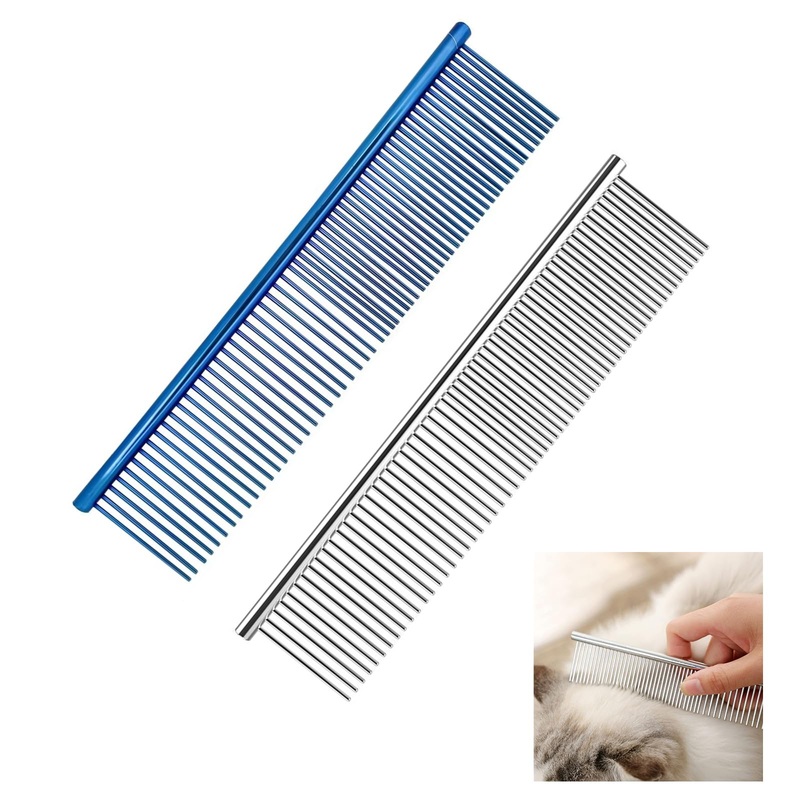 2 Pack Metal Dog Comb,Cat Comb with silky smooth teeth,Stainless Steel Pet Comb for Dogs Cats,10 inches Comfortable Grooming Comb,with Different-Spaced Rounded Teeth,Pet Grooming Tool