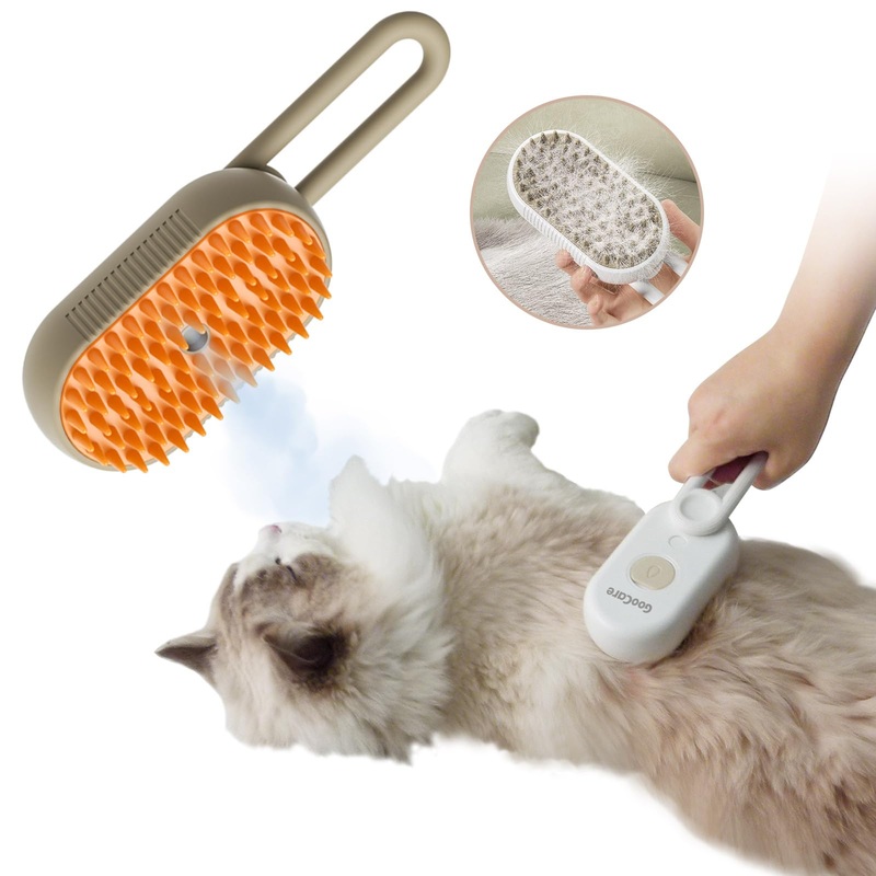 2nd Generation 3-in-1 Cat Steam Brush for Shedding, Pet Hair Removal Comb with Water Tank, Spray Cat Brush for Pet Grooming, Steamy Cat Brush for indoor Haired Cats, Dogs and Rabbits (Khaqi) Khaqi