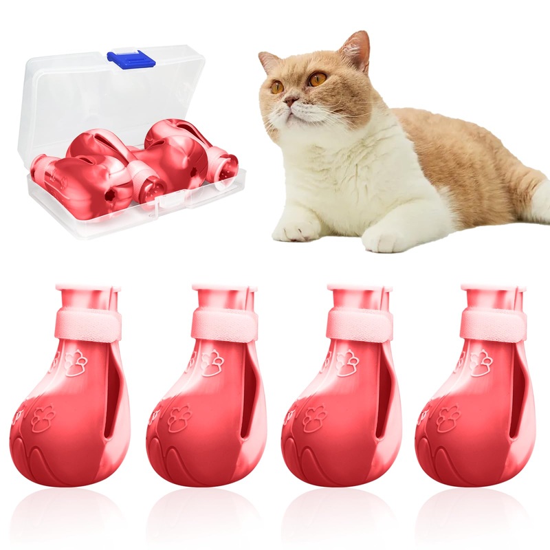 4 Pcs Cat Boots for Cats Only Cat Claw Covers Silicon Cat Mittens to Prevent Scratching Cat Booties for Bathing Nail Clipping Barbering Treatment (Red&White) Red&White