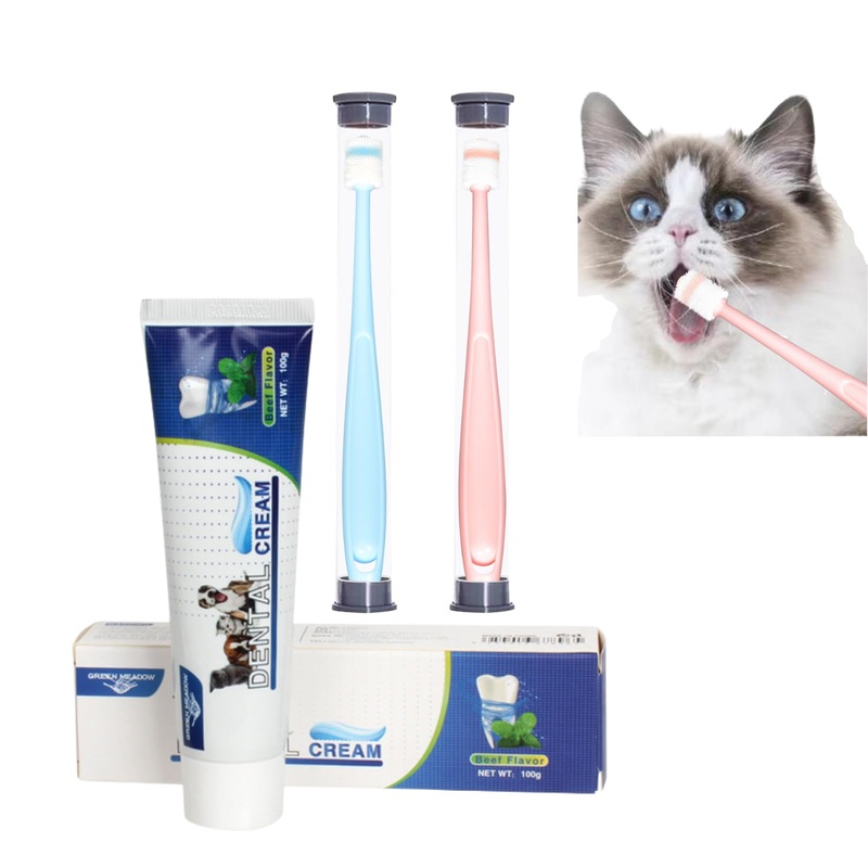 Cat Dog Pet Toothbrush & Toothpaste Kit,360 Degree Pet Toothbrush,Pet Teeth Cleaning kit,Reduces Plaque, Whitens Teeth, Freshens Breath