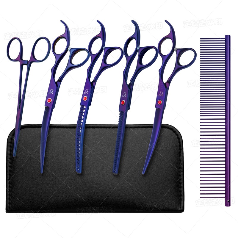Dog Grooming Scissors,Purple Scissors Curved Scissors with Safety Round Tips,Sharp and Durable 6 in 1 Dog Scissors for Grooming