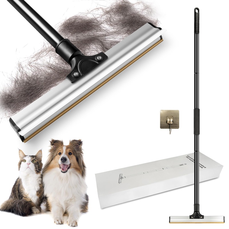 Dual Side Pet Hair Remover, Adjustable Carpet Rake Hair Removal Tool with Copper Serrated & Silicone Edge, Reusable Dog Cat Hair Remover Broom for Embedded Fur Removal from Carpet