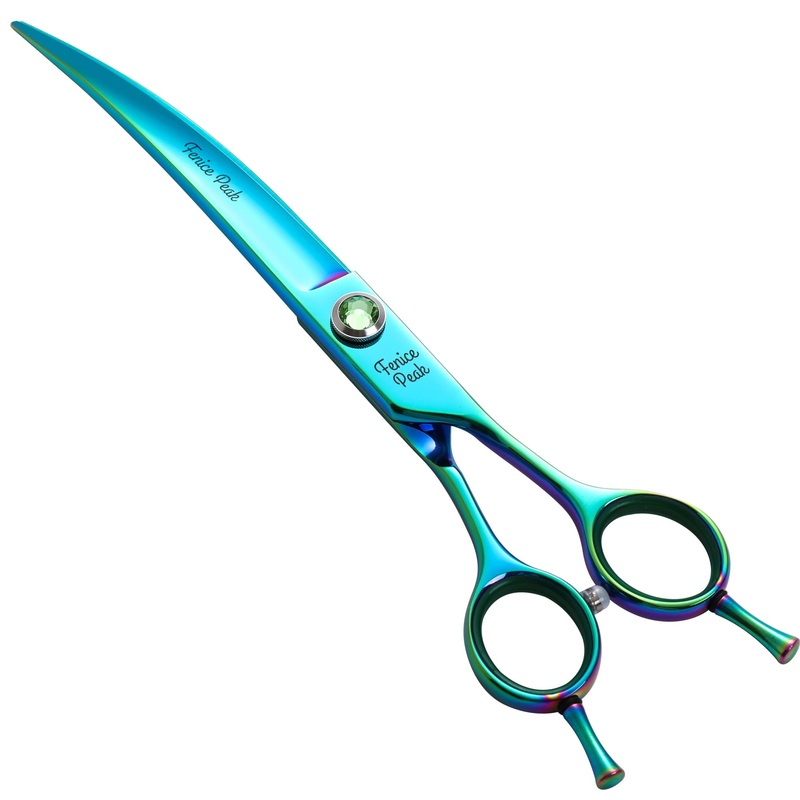 Fenice Peak 7.5” Green Curved Dog Grooming Scissors Pet Shears with Ergonomic Offest Handle and Simulated Emerald Screw 440C Grooming Scissors Trimming Shears Durable and Sharp