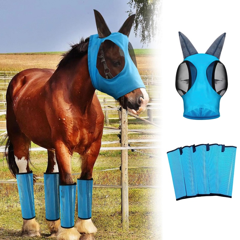 Horse Boots Leg Wraps & Horse Fly Mask, Mesh Fly Boots Mesh Equine Fly Mask, Breathable Horse Leg Cover Protective Horse Leg Wraps, Horse Supplies for Preventing Flies and Mosquitoes Bites
