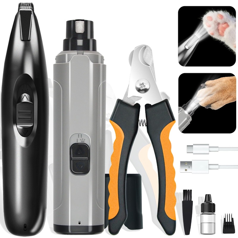 KIKETECH Dog Paw Trimmer Clipper – LED Nail Trimmer for Dogs, Quiet Dog Nail Grinder, Rechargeable Pet Clipper for Grooming, 3 in 1 Black