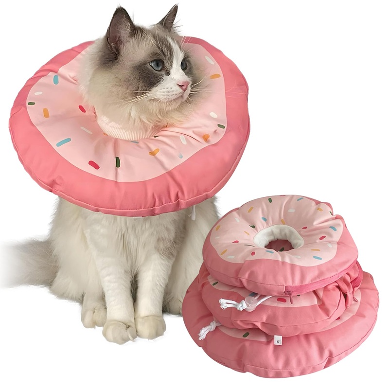 KUDES Cat and Small Dog Cone Waterproof, [Unique Design] Cute Donut Cat E Collar with Removable Washable Cover, Adjustable Neck Cone After Surgery Recovery Collar Pillow for Small Pets to Stop Licking M ( Between 5.5 to10 lb.) Pink