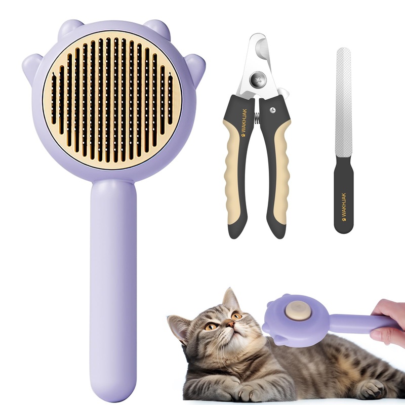 Pet Grooming Brush Set – Dog & Cat Hair Cleaner, Massage Brush, Grooming Brush, and Nail Cleaning Tool for Small, Medium, and Large Pets (purple) Purple