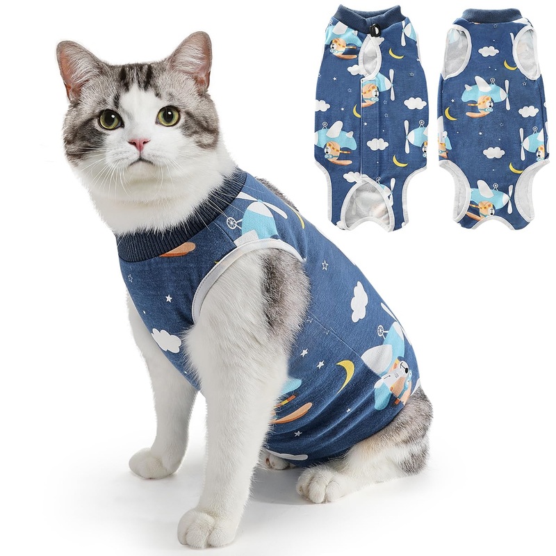 SlowTon Cat Recovery Suit – Cat Onesie for Cats After Surgery Female Male, Kitten Clothes Cat Surgical Spay Suit Abdominal Wounds, E-Collar Alternative Cats Bodysuit Shirt Anti-Licking (Blue, M) Medium Blue