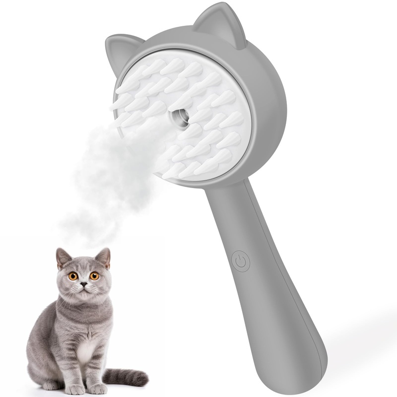 Steam Brush for Cats, 3 in 1 Steamy Pet Brush for Dogs, Silicone Hair Steam Brush for Indoor Cat Kitten(Grey Cat) Grey Cat