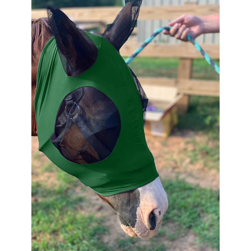 Stretchy Horse Fly Mask with Ears Comfort Fit Mesh Trail Pasture Sun UV Protection (Horse, Hunter Green)