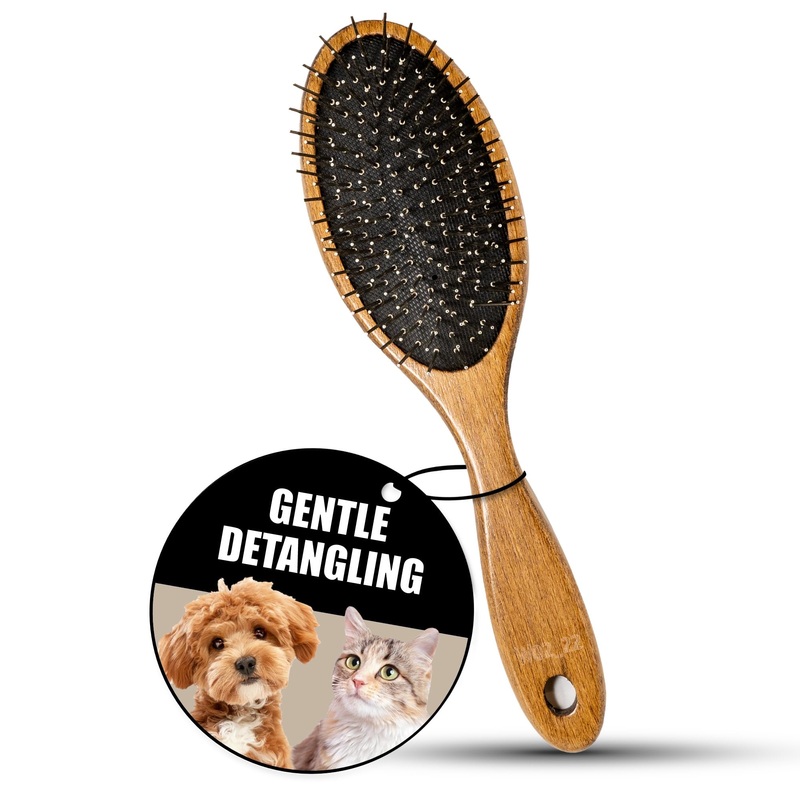 TAURO PRO LINE Wooden Dog Brush for Detangle Long and Short Hair, Wooden Soft Massage Brush for Grooming Haired Dogs and Cats, Flexible Cushion and Non-Slip Grip, Oval, 8,66 x 2,36 inch, Brown Oval S