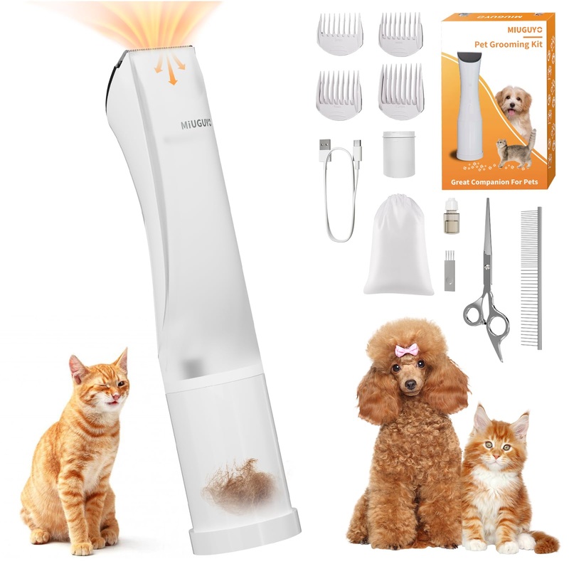 2-in-1 Dog Clipper & Dog Hair Vacuum Low Noise Rechargeable Cordless Dog Trimmer Cat Clipper with Hair Suction Professional Dog Hair Trimmer with Comb Guides Scissors Christmas Gifts White