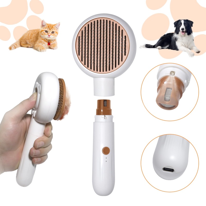 2 in 1 Pet Brush and Nail Grinder, Rechargeable Self-Cleaning Slicker Cat Brush for Shedding and Grooming, Pet Paws Nail Trimmers for Small & Medium Dogs Grey+White