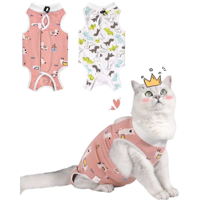 2 Pack Cat Spay Recovery Suit Female, Breathable Cat Onesie for Cats After Surgery Female, Kitten Surgery Recovery Suit for Abdominal Wounds Medium Alpaca + Dinosaur
