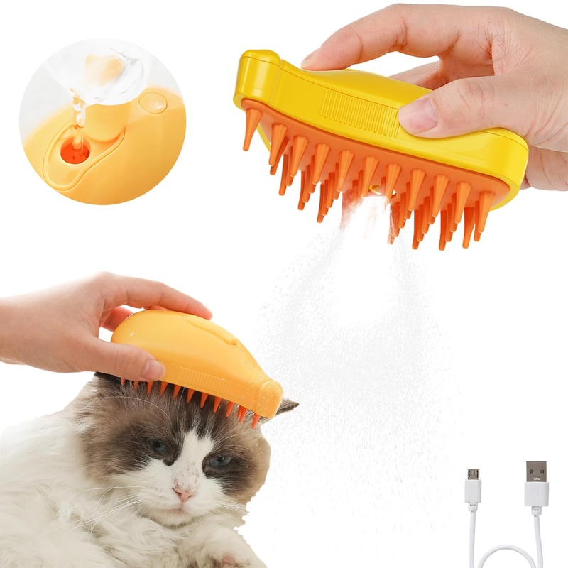 3-in-1 Silicone Massage Cat Steam Grooming Brush for Shedding Pet Hair Removal from Cats and Dogs (Banana) Banana-Yellow