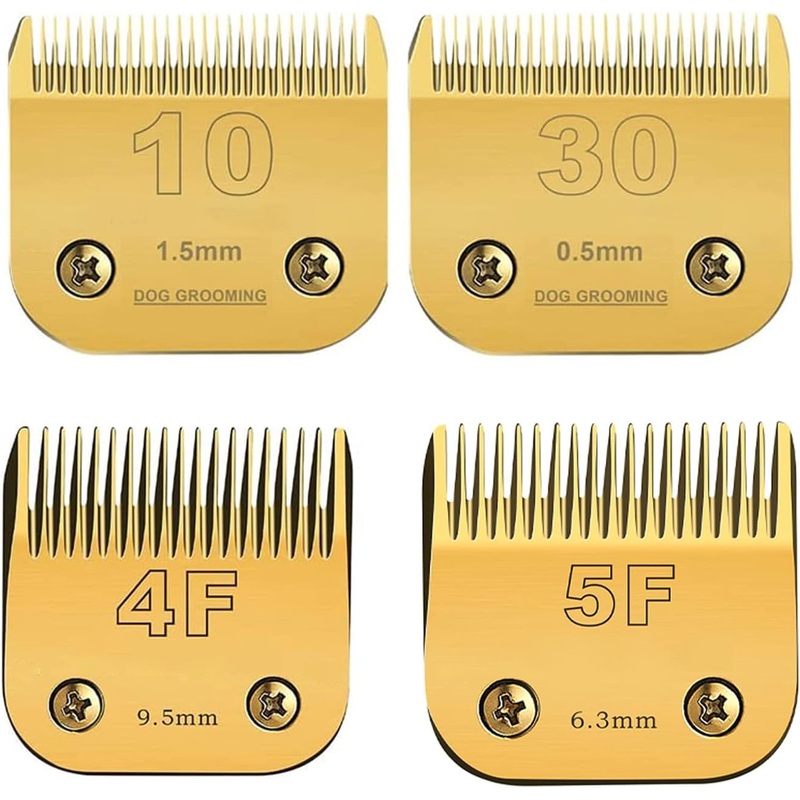 5F/4F/30/10 Detachable Pet Dog Grooming Clipper Carbon Steel Sharp,Compatible with Andis,Oster A5,Wahl KM Series Clippers,Cut Lengt 3/8″(9.5mm) 1/8″(3.2mm) 1/16″(1.5mm) 1/50″ (0.5mm) 4 Pack