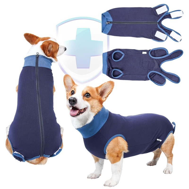 Breathable Dog Surgery Recovery Suit for Male/Female, Professional Dog Recovery Onesie with Zipper After Spay Abdominal Wounds, Anti Licking Cone E-Collar Alternative for Small Medium Large Dog Blue LBack:17.7″21.6″ Weight:2744LB