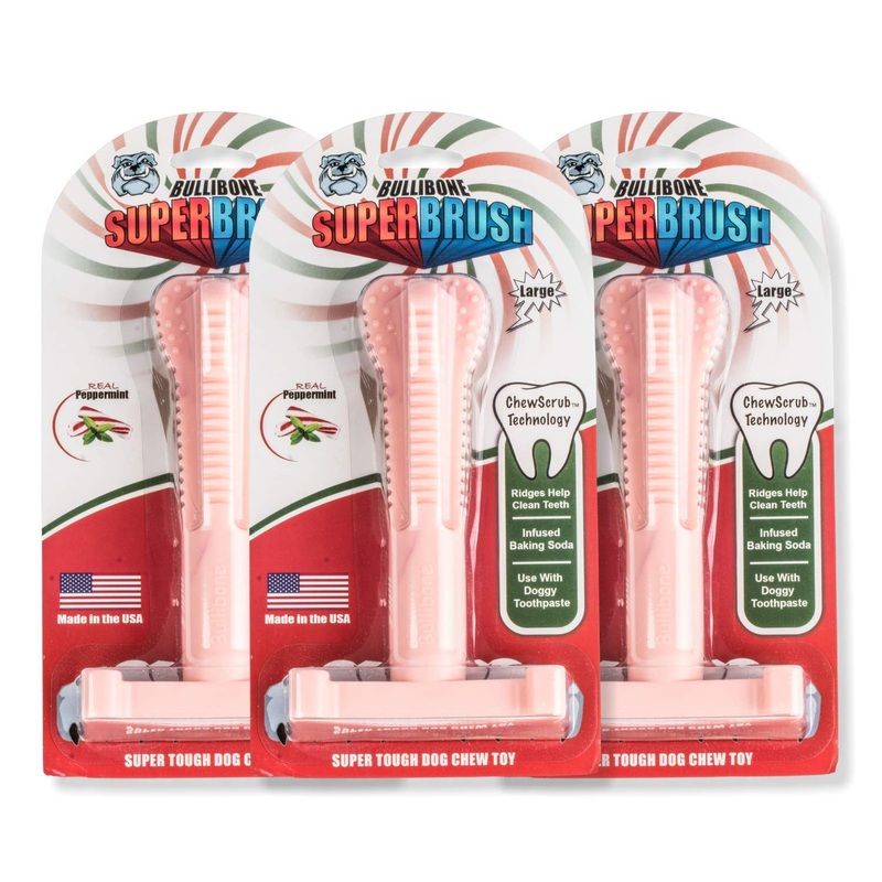 Bullibone SuperBrush: Dog Teeth Cleaning Brushing Toothbrush Stick – Long Lasting Nylon Pink Peppermint Chew Toy for Oral Care and Dental Health Pink Peppermint – 3 Pack Large