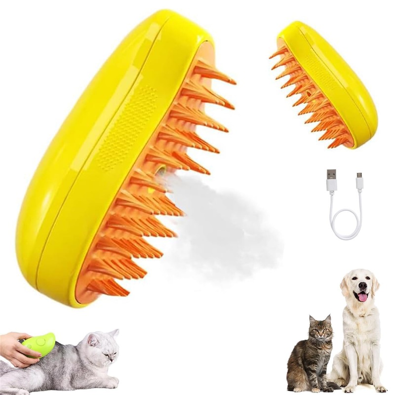 Cat Steam 3-in-1 Multifunctional Silicone Brush – Grooming Tool for Removing Tangles and Loose Hair from Cats, Dogs, and Pets – Massager with Steam Function yellow