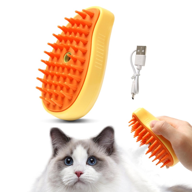 Cat Steam Brush 3 in 1 Cat Spa Brush Steam Silicone Massage Grooming Brush Electric Pet Hair Cleaning Brush Comb for Cats Dogs(COLOR:Yellow) Yellow