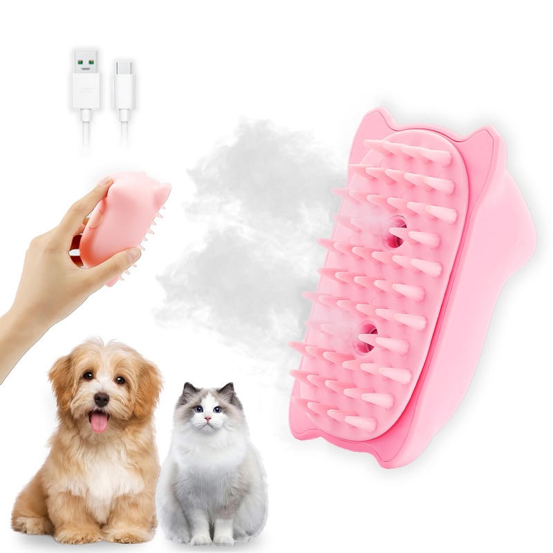 Cat Steam Brush, 3 in 1 Cat Steamy Brush for Shedding Grooming Brush With Steam, Rechargeable Silicone Pet Brush for Cat Dog Shedding, Massage, and Clean Comb -Pink Pink