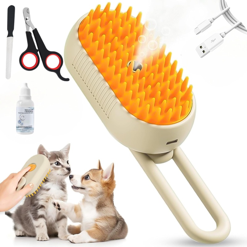 Cat Steam Brush – 5 In1 Grooming Kit for Cats and Dogs Silicone Massage Tool – Stainless Steel Nail Scissors – Hair Detangling Comb – Water Spray Rechargeable Shedding Wash-Free Essence (Khaki) Khaki
