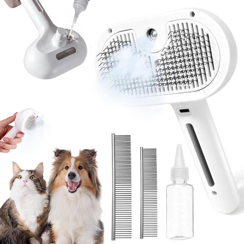 Cat Steam Brush, Pet Spray Comb Steaming Brush for Pets Remove Static Flying Hair Pet Grooming Brush Self Cleaning Pet Brush Suitable for Long and Short Hair Dogs Cats Rechargeable White