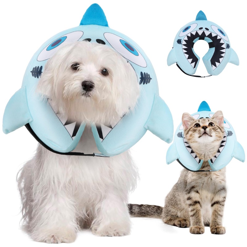 CuteBone Inflatable Dog Donut Collar with Removable Soft Fleece Covers for Small/Medium/Large Dogs and Cats After Surgery GWB12M Big Shark Medium