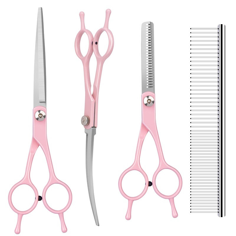 Dog Cat Grooming Scissors Kit,Pet Grooming scissors Set,Dog Scissors for Grooming,Incude Thinning,Straight,Curved Grooming Scissors and Comb for dogs, cats. Pink