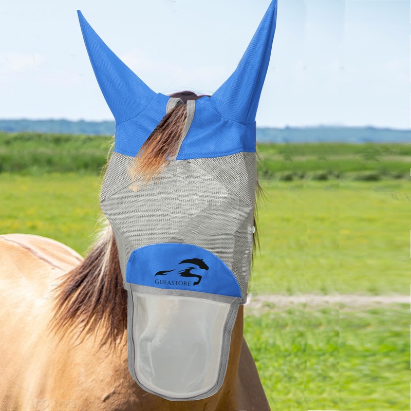 Horse Fly Mask Cold-Proof with Long Nose and Ears,Blue,Small Size Small Blue