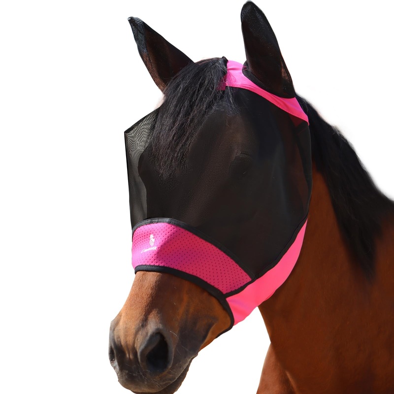 Horse Fly Mask Large Space Fly Mask Breathable UV Protection Equine Mask with Reflective Features on Ears Hot Pink L