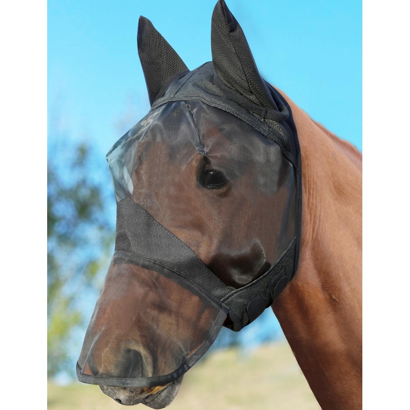 Horse Fly Mask with Long Nose and Ears, Full Face UV Protection for Horses, Smooth Fine Mesh Equine Fly Mask, L – Full Large Black