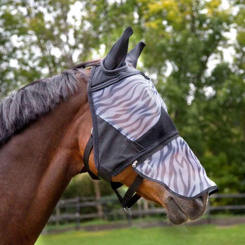 HORZE Zebra Pattern Mesh Insect and Fly Mask with Detachable Nose Protection – Black – L