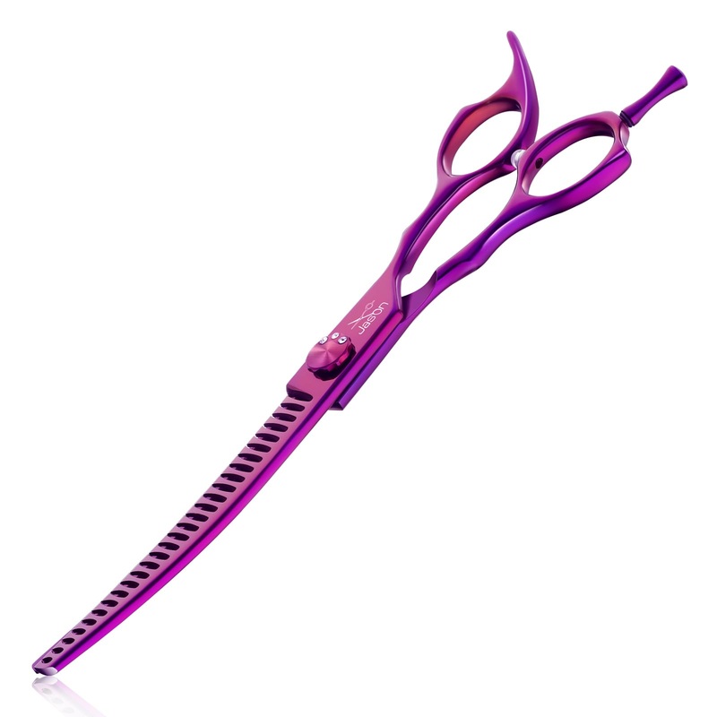 JASON 7″ Dog Grooming Scissors – Ergonomic Curved Chunkers Purple Curved Dog Shears 440C Stainless Steel Grooming Shears Professional Pet Shears For Groomer (28-Teeth, Down-curved) Up-Curved Chunker