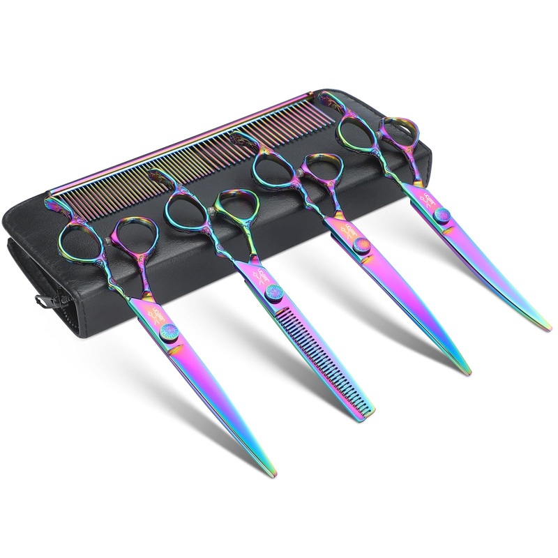 JASON Dog Grooming Scissors Kit, Professional 6 in 1 Dog Scissors Set – 6.5″ Thinning, 7″ Straight, 7″ Up-Curved, 7″ Down-curved Shears and Comb for Dog Cat Pet (Rainbow)