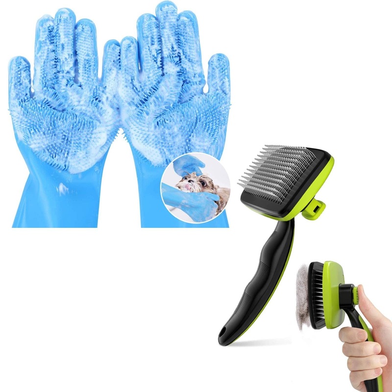 Pecute Pet Grooming Tool Bundle: Pet Grooming Gloves + Self-Cleaning Pet Brush