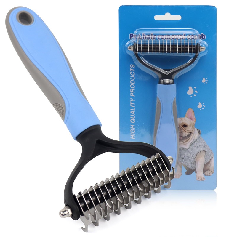 Pet Grooming Brush Stainless Steel Comb Suit for Dogs and Cats, Dog & Cat Double Sided Brush for Shedding, Pet Hair Removal Tool, Blue