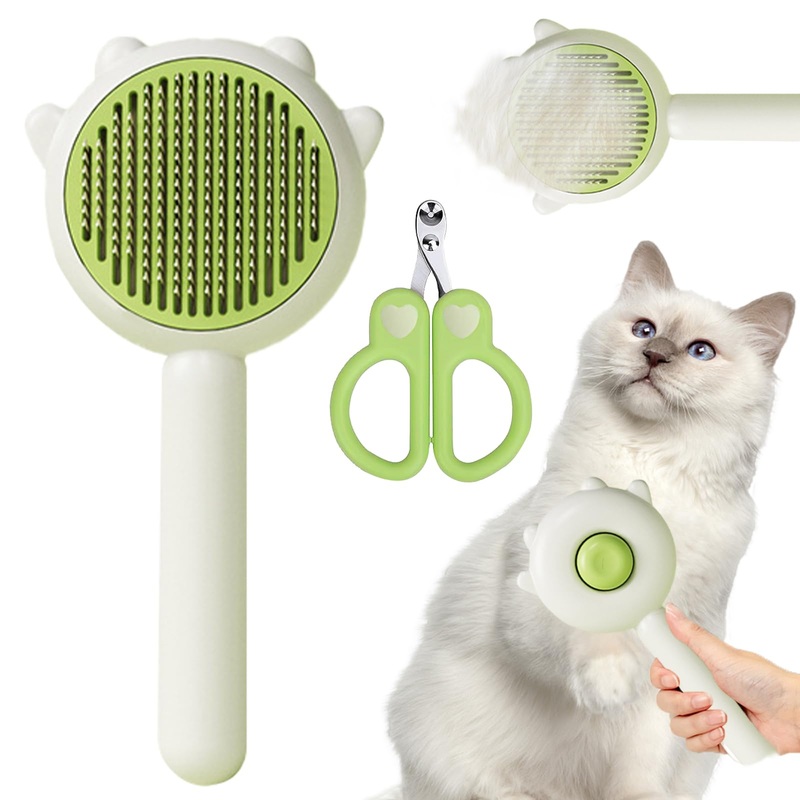 Pet Hair Cleaner Brush for Cats – Self Cleaning with Release Button, Grooming Brush for Indoor Cats, with Circular Cut Hole Nail Clippers (Green) ZZB158769-green+ Cat clippers