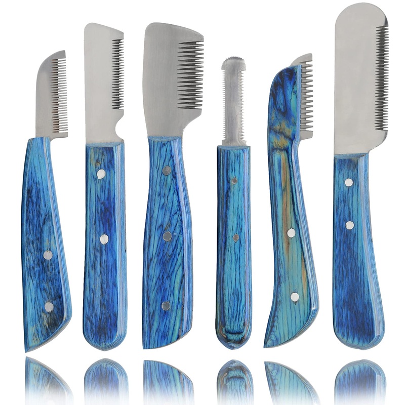 Professional Stripping Knife kit (6 Pieces Set) for Dogs & Pets, Wooden Handle Grip with Stainless Steel Blade (Right Handed) (Blue) VT-171 Blue