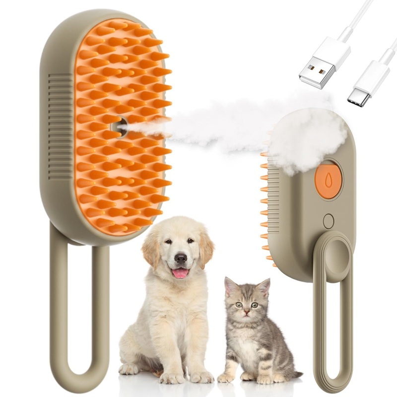 Steam Cat Cordless 3-in-1 Silicone Massaging Grooming Brush With Built-in Lithium Battery, Removes Static and Flying Pet Hair for Cats and Dogs (Beige) Beige