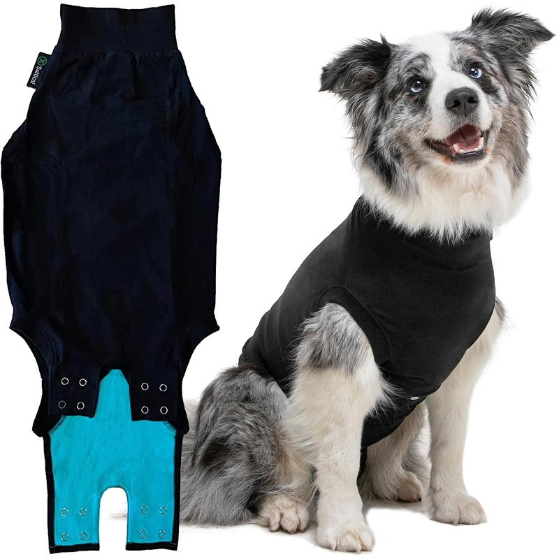 Suitical Recovery Suit for Dogs – Dog Surgery Recovery Suit with Clip-Up System – Breathable Fabric for Spay, Neuter, Skin Conditions, Incontinence – M+ Dog Suit, Black M+(24-28.3 in)