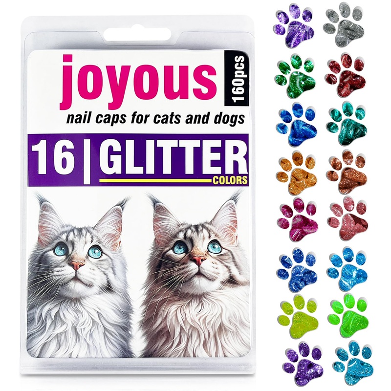 16x Glitter Colors / 160 pcs | Cat Nail Caps | Cat Claw Covers with Adhesives and Applicators (M) M